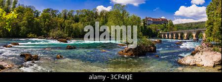 Turismo in Svizzera . Rheinfall (Cascate del Reno) la cascata più grande d'Europa a Sciaffusa , vista panoramica del castello e del ponte di Laufen . Svizzero - Germa Foto Stock