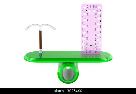 Scelta di contraccezione. Metodi di contraccezione confronto iud e pillole. Rendering 3D isolato su sfondo bianco Foto Stock
