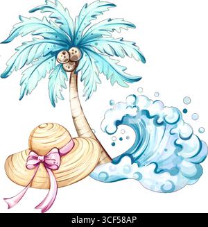 Relax estivo e vibrazioni da spiaggia con palme, onde e un elegante cappello da sole che creano l'atmosfera perfetta per le occasioni festive sotto Illustrazione Vettoriale