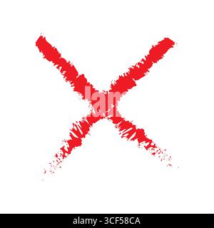 Simbolo del contrassegno X rosso. Grunge i tratti del pennello. Segno incrociato Vector. Design con sfondo nero. Illustrazione Vettoriale