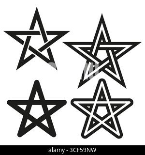 Simboli delle stelle del pentagramma. Forme esoteriche magiche. Contorni neri vettoriali. Illustrazione geometrica occulta. Illustrazione Vettoriale