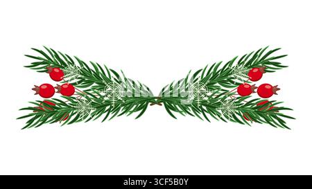 Ramo dell'albero di Natale con decorazioni Capodanno. Progettare un poster per banner per cartoline e una pagina Web. Illustrazione vettoriale. Illustrazione Vettoriale