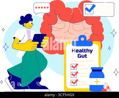 Illustrazione dell'intestino sano con anatomia del sistema digestivo umano con microflora intestinale, cellule intestinali infiammate, batteri e sfondo probiotici Illustrazione Vettoriale