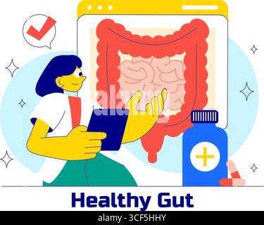 Illustrazione dell'intestino sano con anatomia del sistema digestivo umano con microflora intestinale, cellule intestinali infiammate, batteri e sfondo probiotici Illustrazione Vettoriale
