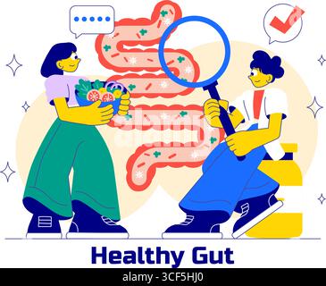 Illustrazione dell'intestino sano con anatomia del sistema digestivo umano con microflora intestinale, cellule intestinali infiammate, batteri e sfondo probiotici Illustrazione Vettoriale