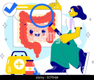 Illustrazione dell'intestino sano con anatomia del sistema digestivo umano con microflora intestinale, cellule intestinali infiammate, batteri e sfondo probiotici Illustrazione Vettoriale