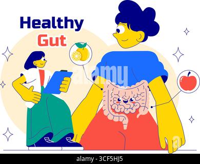 Illustrazione dell'intestino sano con anatomia del sistema digestivo umano con microflora intestinale, cellule intestinali infiammate, batteri e sfondo probiotici Illustrazione Vettoriale