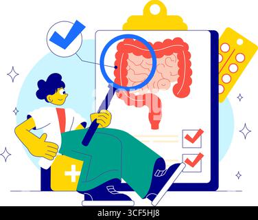 Illustrazione dell'intestino sano con anatomia del sistema digestivo umano con microflora intestinale, cellule intestinali infiammate, batteri e sfondo probiotici Illustrazione Vettoriale