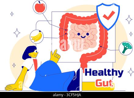 Illustrazione dell'intestino sano con anatomia del sistema digestivo umano con microflora intestinale, cellule intestinali infiammate, batteri e sfondo probiotici Illustrazione Vettoriale