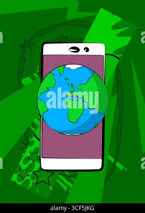 Cartoon smartphone, fumetto telefono con il pianeta Terra. Fumetti vettoriali retrò e pop art. Illustrazione Vettoriale