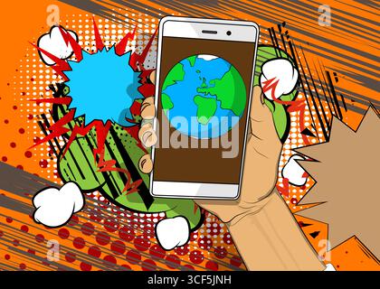 Cartoon smartphone, fumetto telefono con il pianeta Terra. Fumetti vettoriali retrò e pop art. Illustrazione Vettoriale