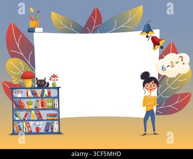 Cornice scolastica con insegnante e libreria Illustrazione Vettoriale