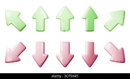 Set vettoriale di frecce verdi verso l'alto e rosse verso il basso con texture a mezzitoni. Elementi di progettazione astratti punteggiati per la navigazione, la crescita, il declino, o. Illustrazione Vettoriale