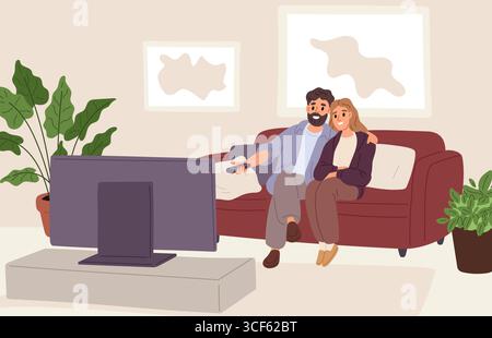 Uomo e donna che guardano un film su una grande TV. Coppia innamorata seduta sul divano dell'appartamento. Soggiorno. Gente in televisione. Home Entertainment. Moglie Illustrazione Vettoriale