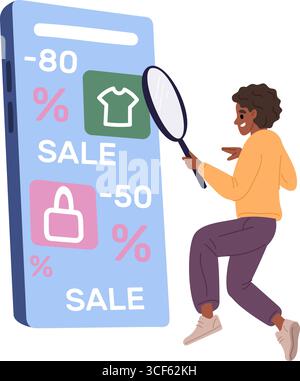 Joyful Woman cerca sconti sul suo smartphone. Clienti che trovano offerte di vendita sul mercato. App per lo shopping online. Acquirente con lente d'ingrandimento Illustrazione Vettoriale