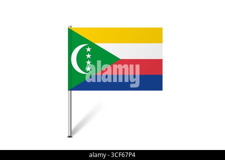 Bandiera delle Comore - bandiera della mappa che rappresenta un'identità culturale e un patrimonio del paese. L'essenza dell'orgoglio nazionale e dell'unità. Indicatore pin mappa bloccato su uno sfondo bianco Illustrazione Vettoriale