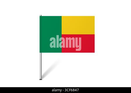 Bandiera del Benin - bandiera della mappa che rappresenta l'identità culturale e il patrimonio di un paese. L'essenza dell'orgoglio nazionale e dell'unità. Indicatore pin mappa bloccato su uno sfondo bianco Illustrazione Vettoriale