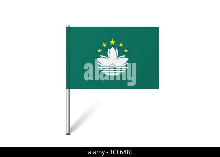 Bandiera di Macao - bandiera a spillo che rappresenta un'identità culturale e un patrimonio del paese. L'essenza dell'orgoglio nazionale e dell'unità. Indicatore pin mappa bloccato su uno sfondo bianco Illustrazione Vettoriale