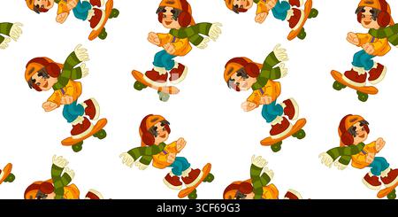 Senza cuciture Autumn Skateboard Boy Cartoon boy in abiti autunnali in sella a uno skateboard motivo ripetitivo senza cuciture in un divertente stile piatto su sfondo bianco Illustrazione Vettoriale
