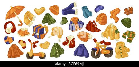 Abiti e accessori autunnali in stile cartoni animati. Illustrazione colorata di maglioni, giacche, cappelli, scarpe e borse su sfondo bianco. Illustrazione Vettoriale