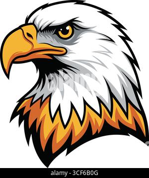 Un'illustrazione potente e stilizzata della testa di un'aquila calva, che mostra le sue iconiche piume bianche, il feroce occhio giallo e il becco dorato affilato. Il collo Illustrazione Vettoriale