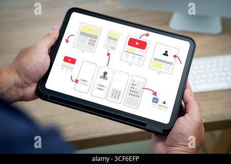 Concetto del processo di progettazione dell'interfaccia utente UX con vista ravvicinata di un progettista che tiene in mano un tablet che visualizza wireframe e diagrammi di flusso utente, simboleggiando l'app mobile de Foto Stock
