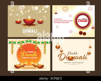 Set di poster per l'happy Diwali Festival con lampade a olio illuminate. Illustrazione Vettoriale