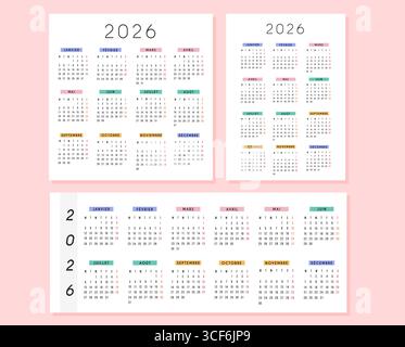 Set di calendario francese del 2026 in moderno design quadrato, orizzontale e verticale con intestazioni mensili colorate. Tipografia minima, layout pulito Illustrazione Vettoriale