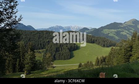 Maestoso paesaggio montano caratterizzato da lussureggianti foreste verdi, colline ondulate e vette lontane. Cattura la serena bellezza della natura con alberi fitti e. Foto Stock