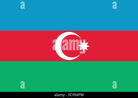 Vettore di bandiera dell'Azerbaigian con Mezzaluna e Stella, vettore di bandiera nazionale dell'Azerbaigian con tre strisce orizzontali: Blu, rosso e verde. Illustrazione Vettoriale
