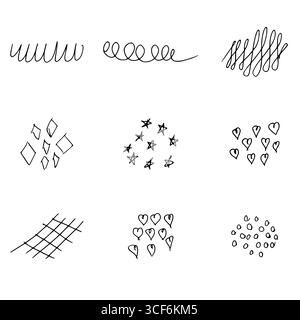 Effetti e scintille delle linee di cartone animato, scarabocchi fumettistici vettoriali schizzi disegnati a mano burst ed elementi esplosivi Illustrazione Vettoriale