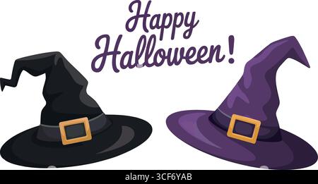 Festeggia il felice Halloween con stravaganti cappelli da strega per feste, inviti spaventosi e divertenti decorazioni natalizie per gli eventi autunnali Illustrazione Vettoriale