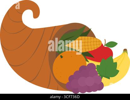 Cornucopia con frutta e verdura per la celebrazione di Kwanzaa o elemento di design del Ringraziamento. Illustrazione del vettore isolato icona adesivo raccolta contenuto correlato biglietto d'auguri, opuscolo, post, tag Illustrazione Vettoriale