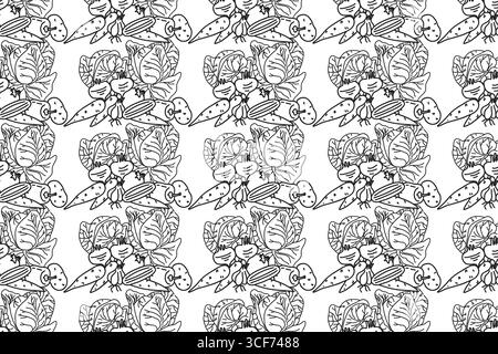 Illustrazione vettoriale delle verdure botaniche line art senza cuciture.ripetizione di diverse verdure con carota pepe cipolla pomodoro di patate con dorso bianco Illustrazione Vettoriale