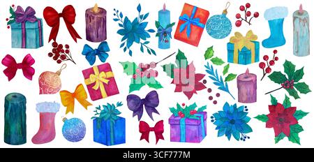 Natale, clipart di Capodanno, set con regali, candele, calze, poinsettia, giocattoli, bacche rosse, decorazioni. Acquerello Foto Stock