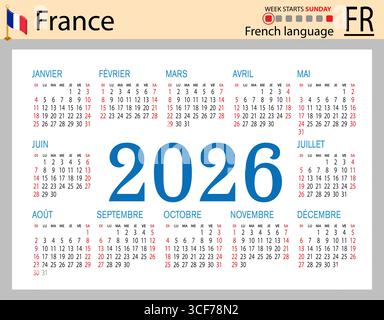 Calendari tascabili orizzontali francesi per il 2026 (duemilaventisei). La settimana inizia domenica. Anno nuovo. Design semplice a colori. Vettore Illustrazione Vettoriale