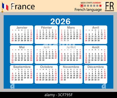 Calendari tascabili orizzontali francesi per il 2026 (duemilaventisei). La settimana inizia domenica. Anno nuovo. Design semplice a colori. Vettore Illustrazione Vettoriale