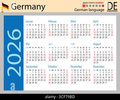 Calendari tascabili orizzontali tedeschi per il 2026 (duemila ventisei). La settimana inizia domenica. Anno nuovo. Design semplice a colori. Vettore Illustrazione Vettoriale