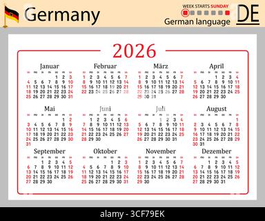 Calendari tascabili orizzontali tedeschi per il 2026 (duemila ventisei). La settimana inizia domenica. Anno nuovo. Design semplice a colori. Vettore Illustrazione Vettoriale