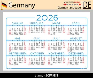 Calendari tascabili orizzontali tedeschi per il 2026 (duemila ventisei). La settimana inizia domenica. Anno nuovo. Design semplice a colori. Vettore Illustrazione Vettoriale