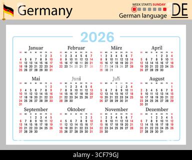 Calendari tascabili orizzontali tedeschi per il 2026 (duemila ventisei). La settimana inizia domenica. Anno nuovo. Design semplice a colori. Vettore Illustrazione Vettoriale