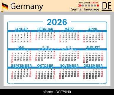 Calendari tascabili orizzontali tedeschi per il 2026 (duemila ventisei). La settimana inizia domenica. Anno nuovo. Design semplice a colori. Vettore Illustrazione Vettoriale