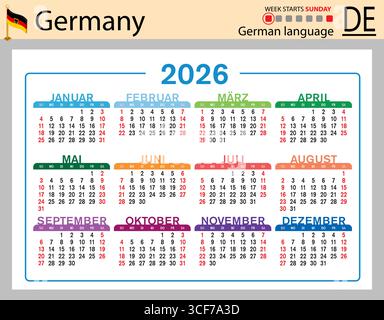 Calendari tascabili orizzontali tedeschi per il 2026 (duemila ventisei). La settimana inizia domenica. Anno nuovo. Design semplice a colori. Vettore Illustrazione Vettoriale