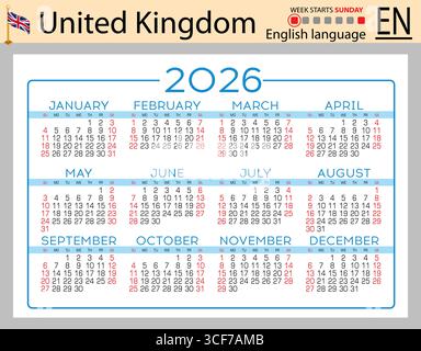 Calendari tascabili orizzontali inglesi per il 2026 (duemila ventisei). La settimana inizia domenica. Anno nuovo. Design semplice a colori. Vettore Illustrazione Vettoriale