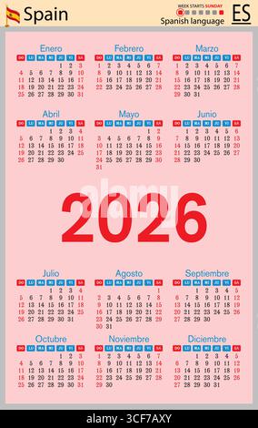 Calendari tascabili verticali spagnoli per il 2026 (duemila ventisei). La settimana inizia domenica. Anno nuovo. Design semplice a colori. Vettore Illustrazione Vettoriale