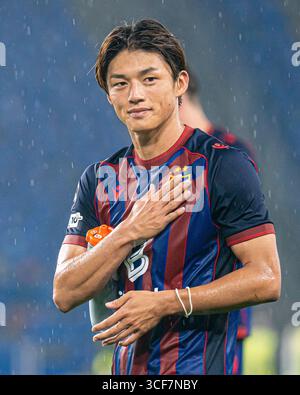 Basilea, Svizzera. 20 agosto 2025. Basilea, Svizzera, 20 agosto 2025 Keigo Tsunemoto (6 FC Basilea 1893) dopo la partita Play-off di UEFA Champions League tra FC Basilea 1893 e F.C. Copenhagen al St. Jakob Park di Basilea, Svizzera. (Priscila Bütler/SPP) credito: SPP Sport Press Photo. /Alamy Live News Foto Stock