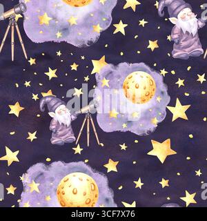L'astronomo GNOME guarda attraverso il telescopio il cielo stellato della notte di luna, con un motivo senza cuciture ad acquerello per il design dei bambini. Elfi illustrativi disegnati a mano da Foto Stock