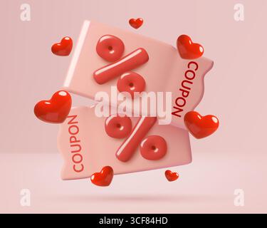 Icona dei buoni rosa 3d con segno di percentuale e cuori rossi per sconti e sconti di San Valentino Illustrazione Vettoriale