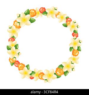 Corona floreale festosa ispirata al Festival delle luci di Diwali, decorata con fiori bianchi e arancioni e fresche foglie verdi su un dorso bianco pulito Illustrazione Vettoriale