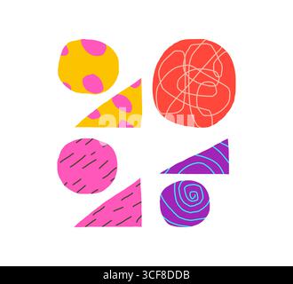 Saluto creativo per il nuovo anno 2026 in stile astratto e ingenuo con scritte decorative e icone natalizie. Illustrazione vettoriale luminosa per copertina del calendario, poster dell'evento o tessera festiva. Illustrazione Vettoriale